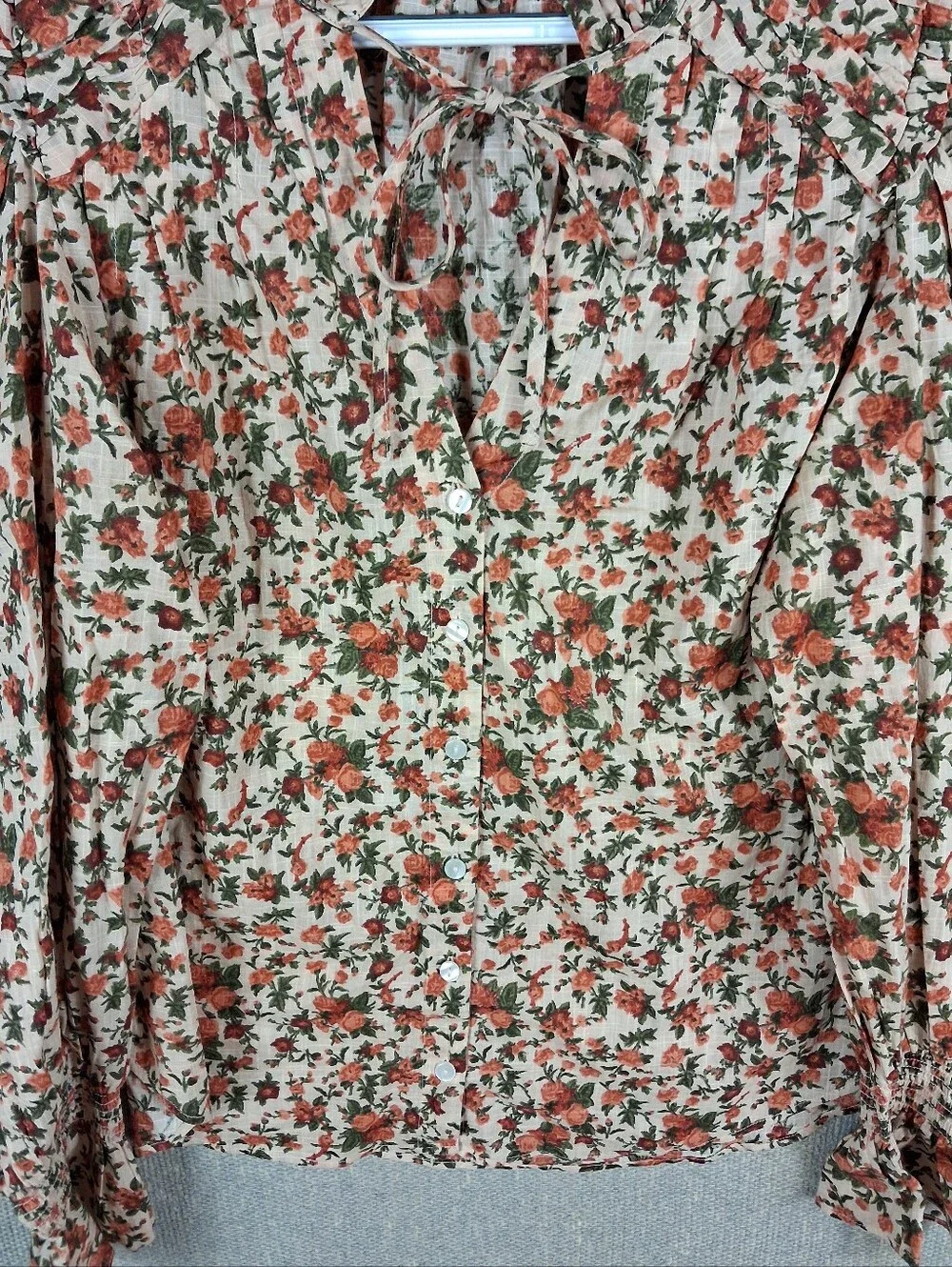 Free People Meant To Be Floral Ruffle Tie Neck Puff Sleeve Blouse Vintage Combo